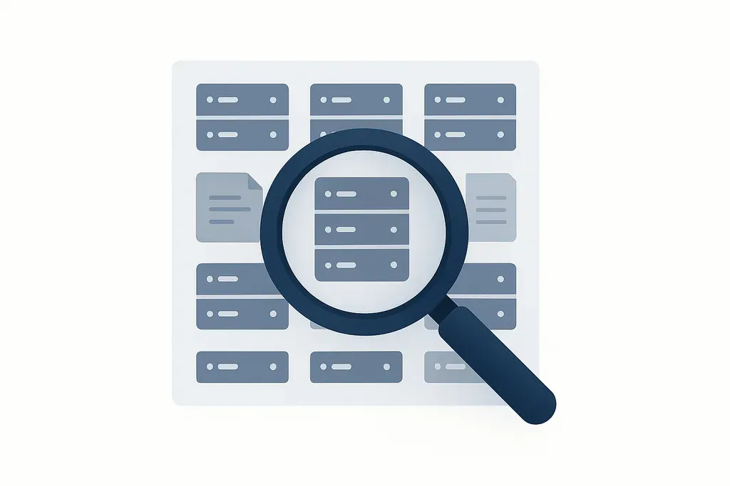 Illustration d’une loupe posée sur des données abstraites de registre de domaine, symbole de la recherche RDAP du bureau d’enregistrement et de son contact abuse